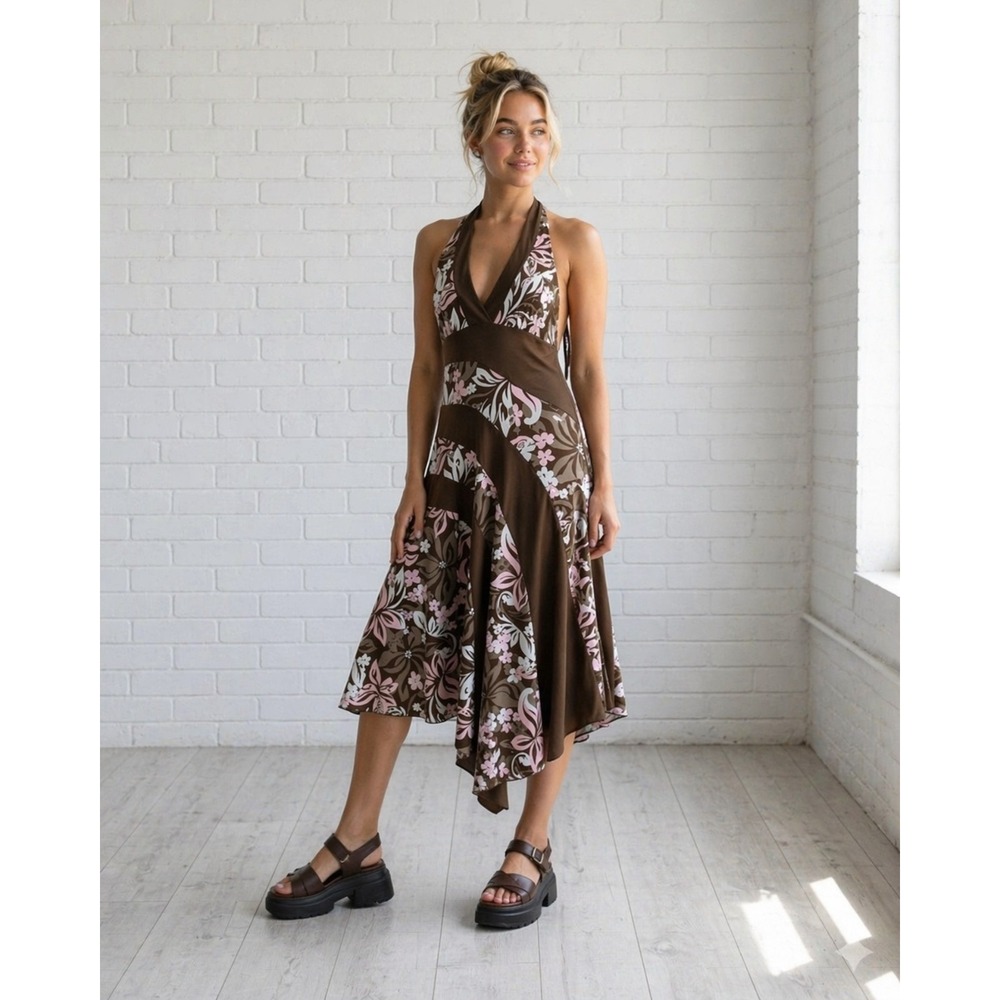 Vintage Y2K Dress Coquette Boho Halter Asymmetrical Floral Brown Pink Flowy Midi
